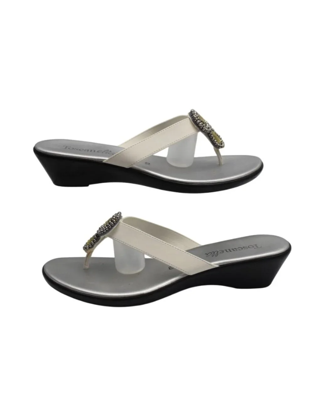 Toscanella Womens 10 White Wedge Sandals Rhinestone Italian Leather Thong Slides